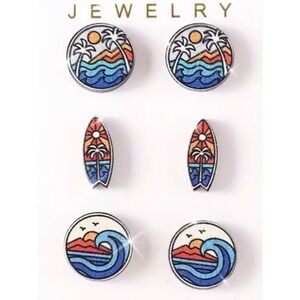 SET of 3 Beachy Stud Earrings Beach Scenes Surfboard Waves Ocean